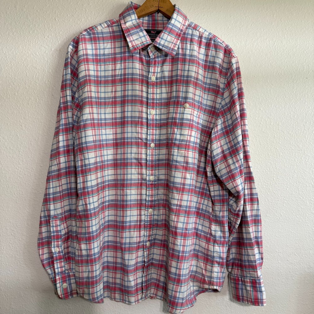 Vineyard Vines Slim Longshore Shirt Mens‎ Large Pink Plaid Long Sleeve Classic